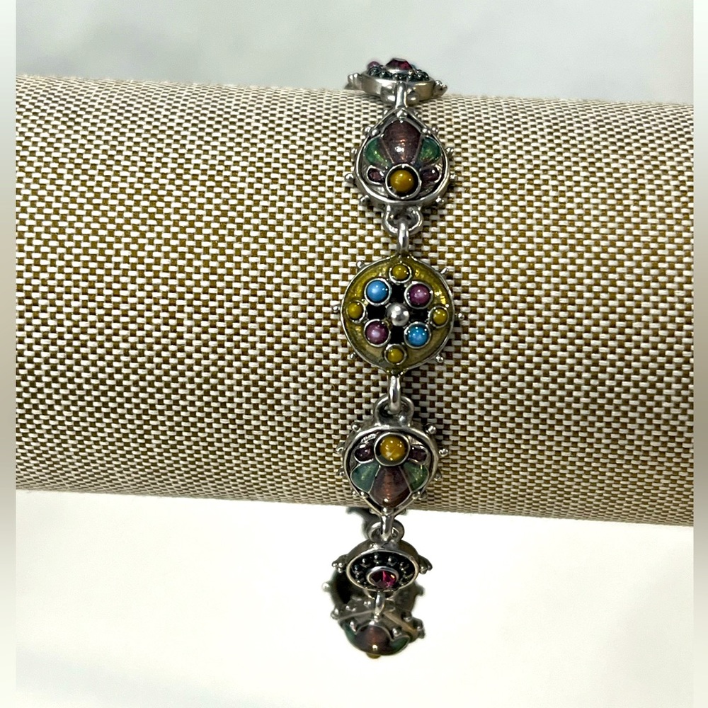 Bracelet Enamel & Rhinestone Silver Tone Adjustable-OS